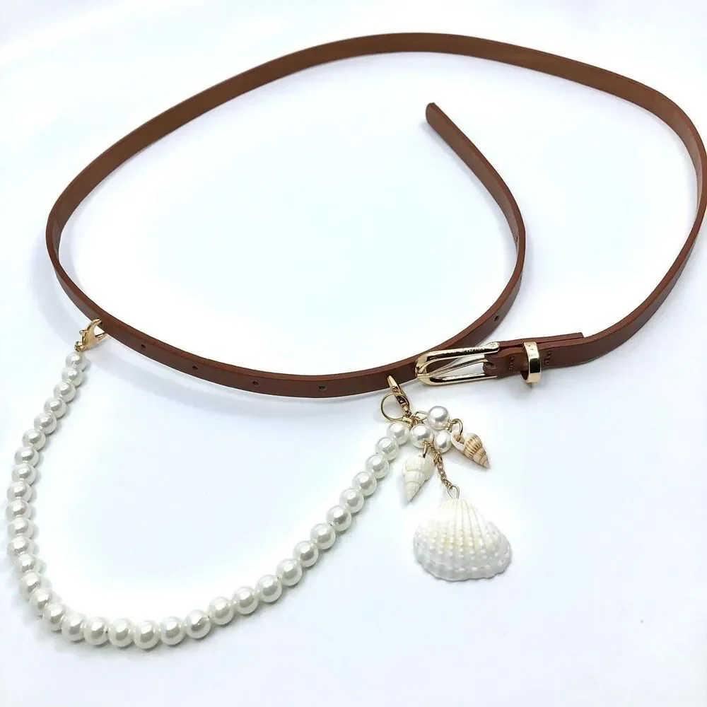 Mermaidcore Brown Faux Leather Pearl Shell Belt, Fits 32.5–35 Inches, X7GA1230